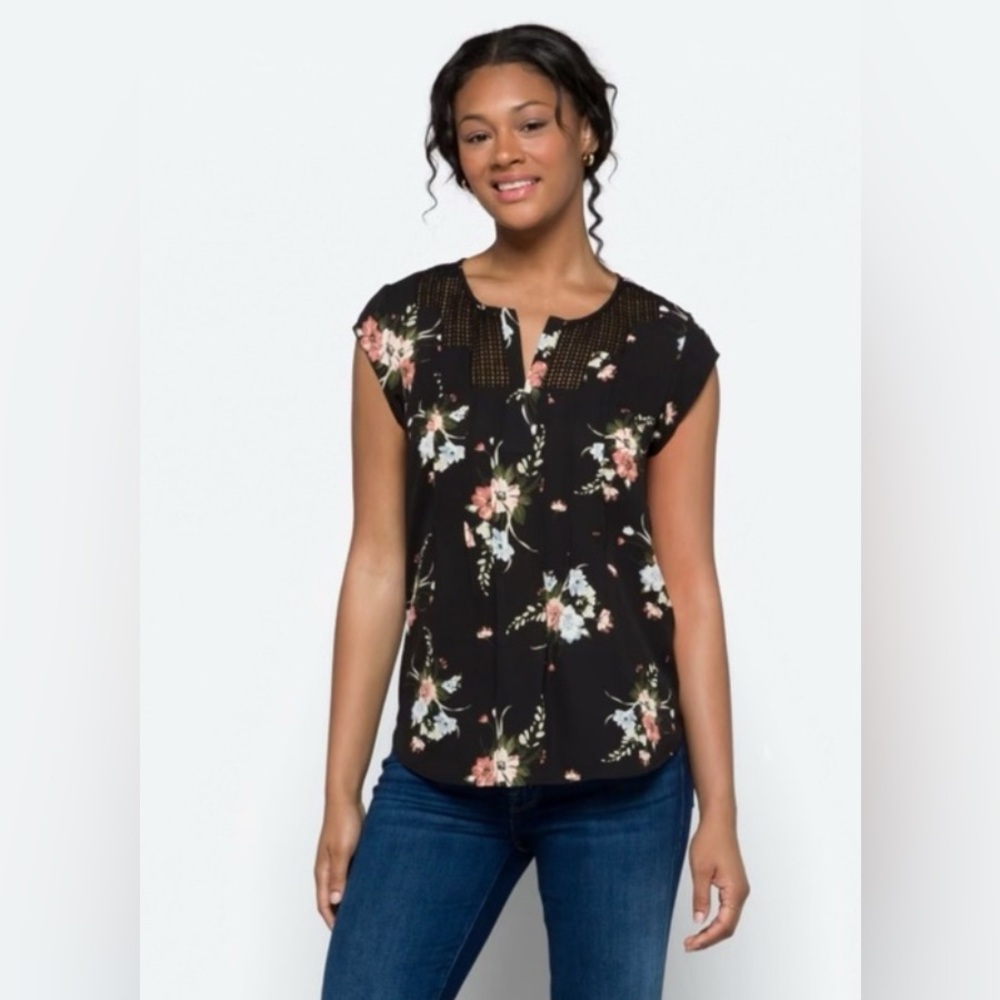 Daniel Rainn NEW Estefany Lace Detail Split Neck Blouse Black Floral Pink XL NWT